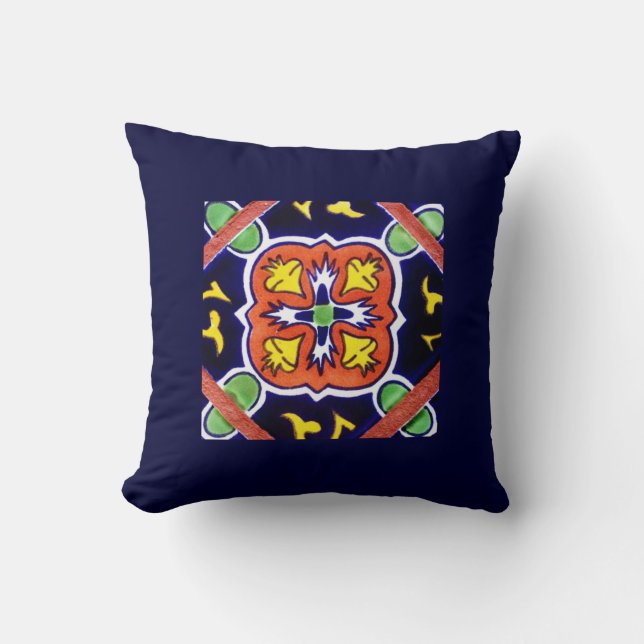 Navy Blue, Orange, Yellow Southwestern Throw Pillo Throw Pillow (Front)