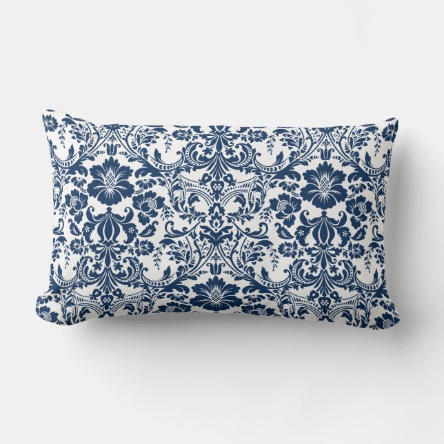 Navy Blue Ornamental Floral Damask Pattern Lumbar Pillow (Front)