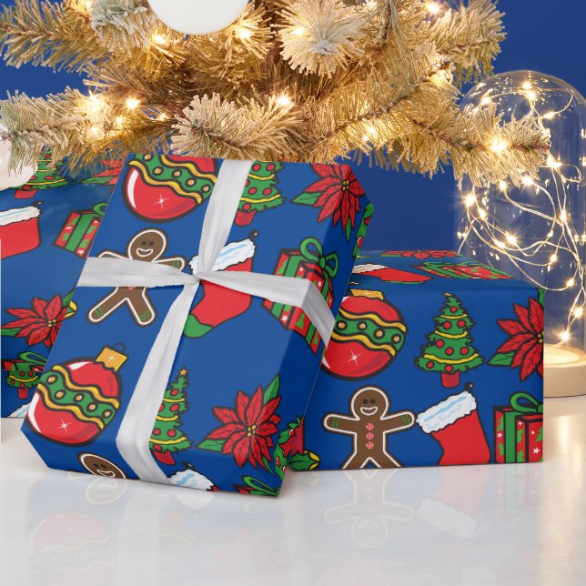 Navy Blue Ornaments Christmas Gifts Wrap  Wrapping Paper (Holidays)