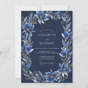 Navy Blue Ornate Evening Wedding Invitation