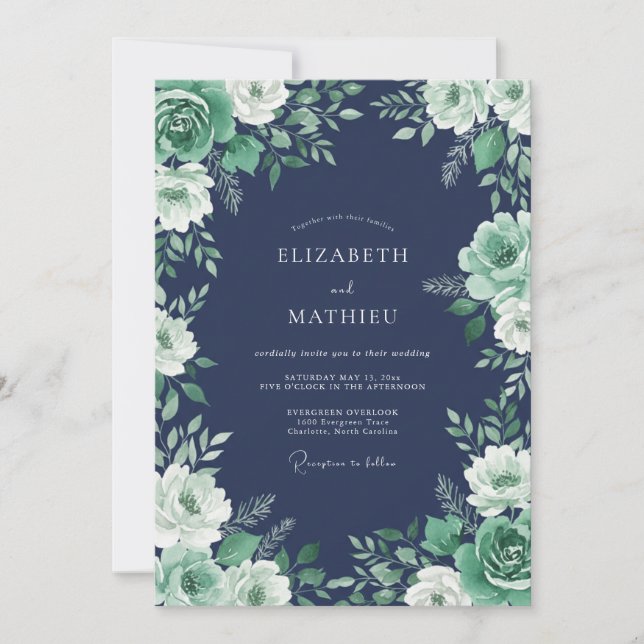 Navy Blue Ornate Floral Wedding Invitation (Front)