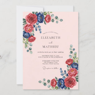 Navy Blue Ornate Rose Wedding Invitation