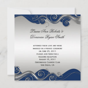 Navy Blue Ornate Silver Swirls Post Wedding Celebr Invitation