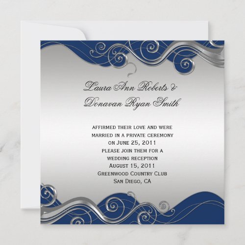 Navy Blue Ornate Silver Swirls Post Wedding Celebr Invitations