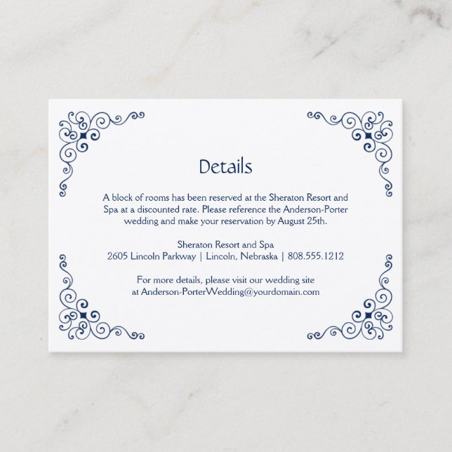 Navy Blue Ornate Swirls Detail Enclosure Cards | (Front)