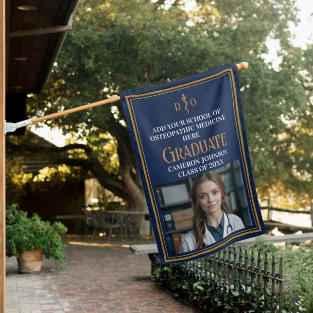 Navy Blue Osteopathic Medical School Graduation House Flag (In SItu)