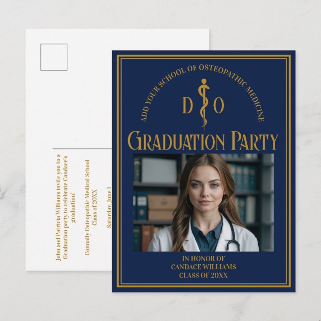Navy Blue Osteopathic School Graduation Party Invitation Postcard (Front/Back)