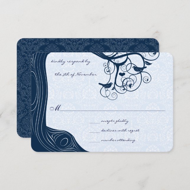 Navy Blue Outdoor Garden Tree Lovebird Wedding RSVP Card (Front/Back)