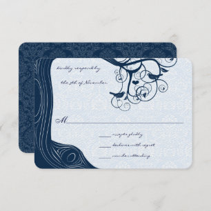 Navy Blue Outdoor Garden Tree Lovebird Wedding RSVP Card