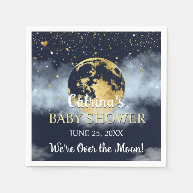 Navy Blue Over the Moon and Stars Baby Shower Napkins (Front)