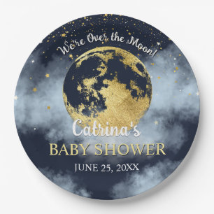 Navy Blue Over the Moon and Stars Baby Shower Paper Plates