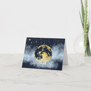 Navy Blue Over the Moon and Stars Celestial Gold Thank You Card