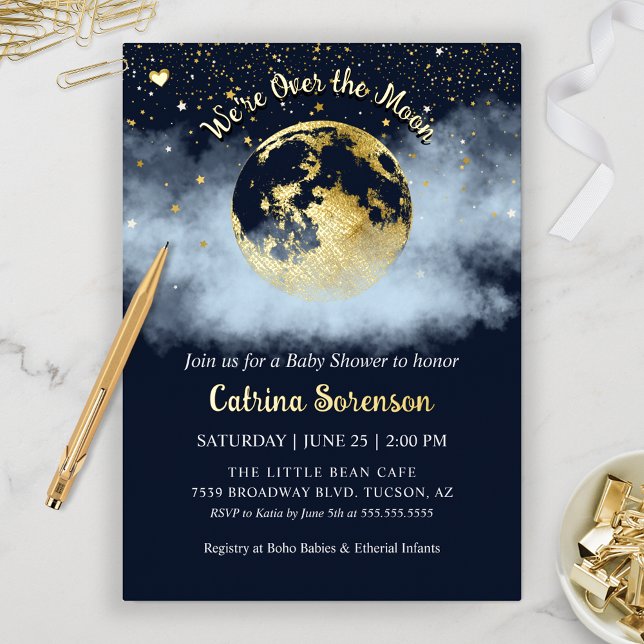 Navy Blue Over the Moon and Stars Gold Baby Shower Foil Invitation (Navy Blue Over the Moon and Stars Celestial Baby Shower Invitation for Gender Neutral or Baby Boy)