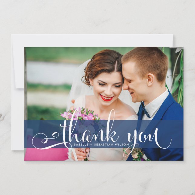 Navy Blue Overlay Script Wedding Photo Thank You Card (Front)