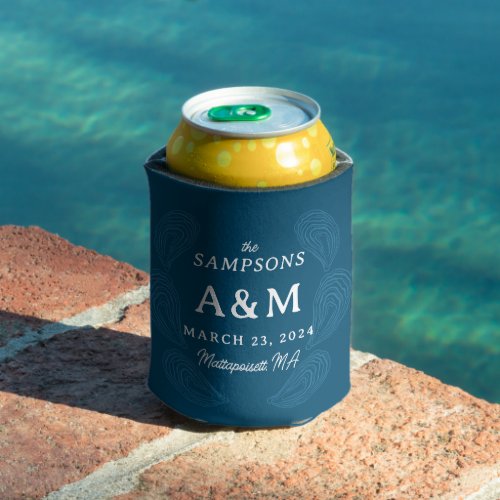 Navy Blue Oyster Wedding Name Date and Location Can Cooler