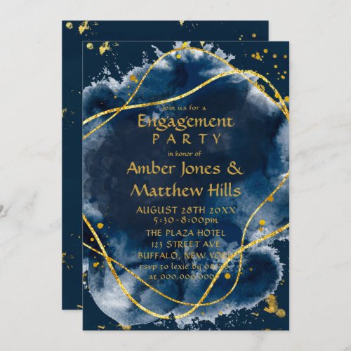 Navy Blue Paint Gold Engagement Party Invitation