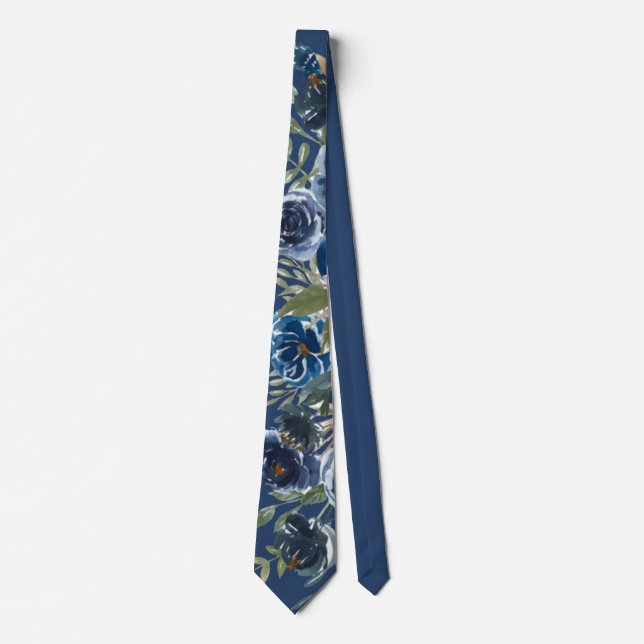 Navy Blue Painted Peony Flower Groom Wedding Neck Tie (Front)