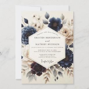 Navy Blue Painterly Bloom Wedding Invitation
