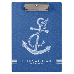 Navy Blue Paisley And White Nautical Boat Anchor 2 Clipboard