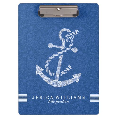 Navy Blue Paisley And White Nautical Boat Anchor 2 Clipboard