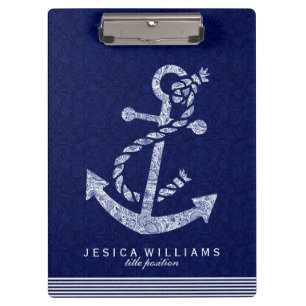 Navy Blue Paisley And White Nautical Boat Anchor Clipboard