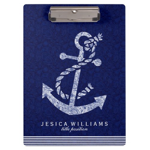 Navy Blue Paisley And White Nautical Boat Anchor Clipboard