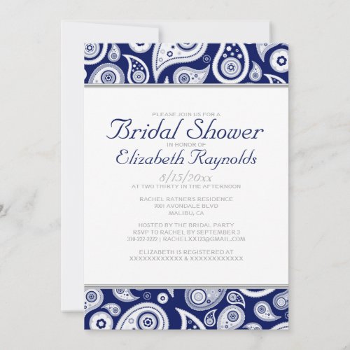 Navy Blue Paisley Bridal Shower Invitations