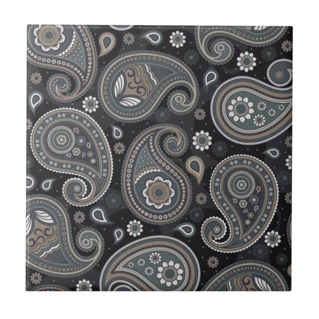 Navy blue paisley ceramic tile (Front)