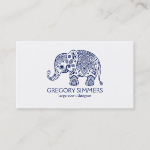 Navy Blue Paisley Elephant Illustration Business Card
