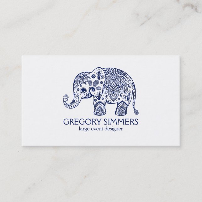 Navy Blue Paisley Elephant Illustration Business Card (Front)