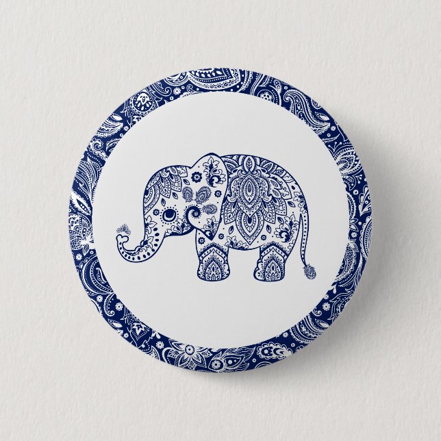Navy Blue Paisley Elephant Pinback Button (Front)