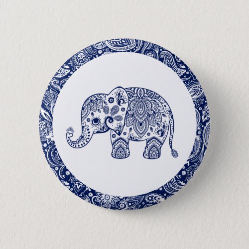 Navy Blue Paisley Elephant Pinback Button