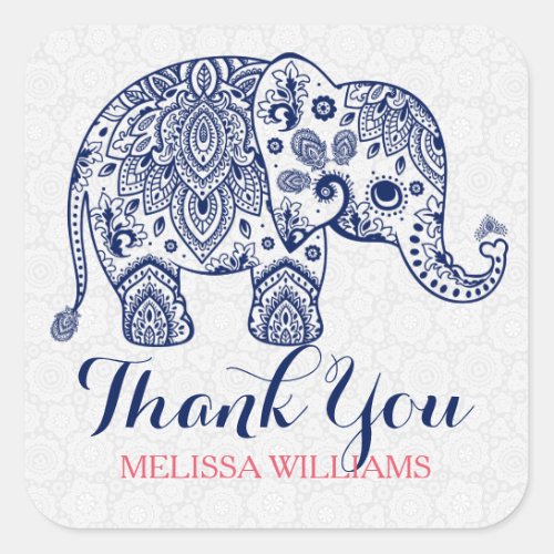 Navy Blue Paisley Elephant Thank You Square Sticker