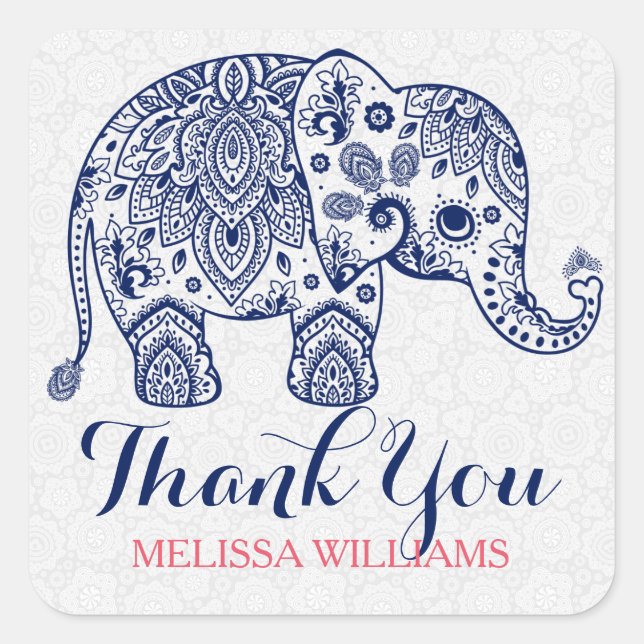 Navy Blue Paisley Elephant Thank You Square Sticker (Front)