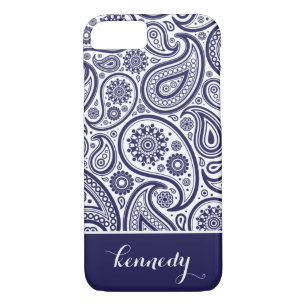 Navy Blue Paisley Floral Pattern Monogram Name iPhone 8/7 Case