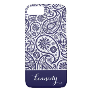 Navy Blue Paisley Floral Pattern Monogram Name iPhone 8/7 Case