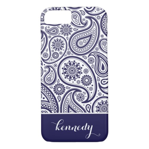 Navy Blue Paisley Floral Pattern Monogram Name iPhone 87 Case