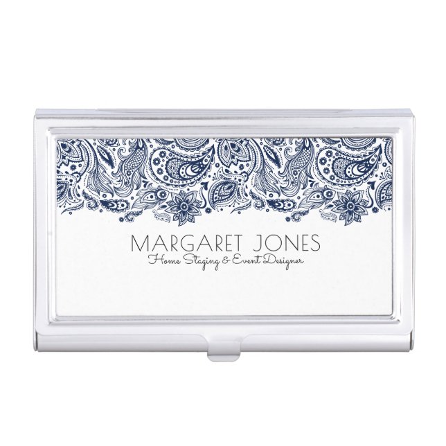 Navy Blue Paisley Lace Case For Business Cards (Front)