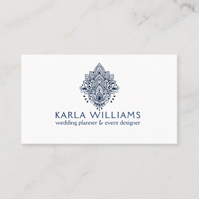 Navy-Blue Paisley Lace Ornament Business Card (Front)