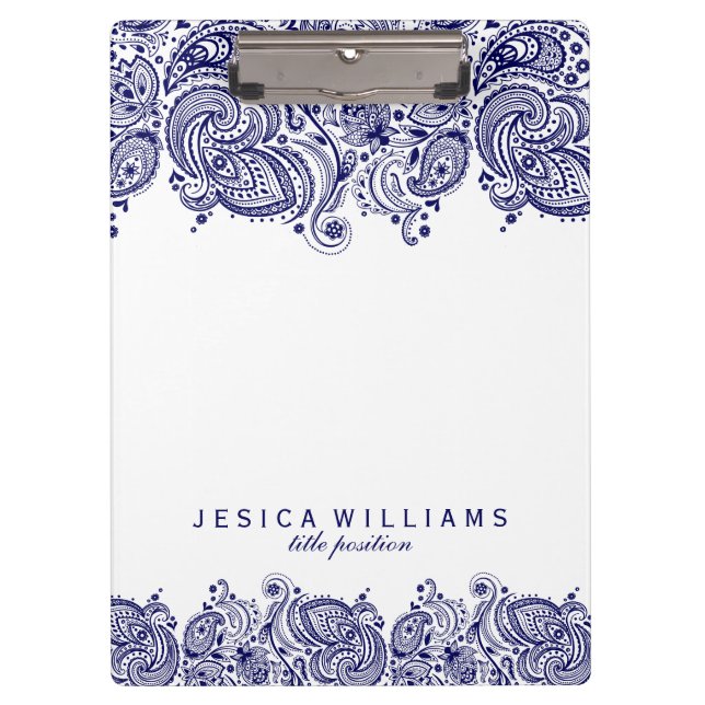 Navy Blue paisley Lace White Background Clipboard (Front)