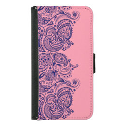 Navy-Blue Paisley lace With Pink Background Wallet Phone Case For Samsung Galaxy S5