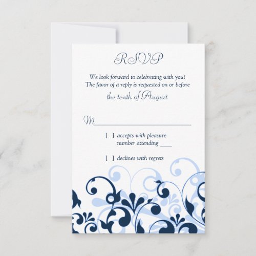 Navy Blue Pale Blue White Abstract Floral RSVP Custom Invitations