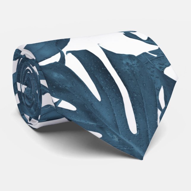 Navy blue palm leaves neck tie (Rolled)