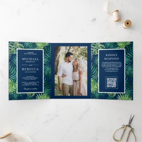 Navy Blue Palm Leaves Tropical QR Code Wedding Tri-Fold Invitation