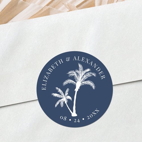 Navy Blue Palm Tree Beach Tropical Wedding  Classic Round Sticker