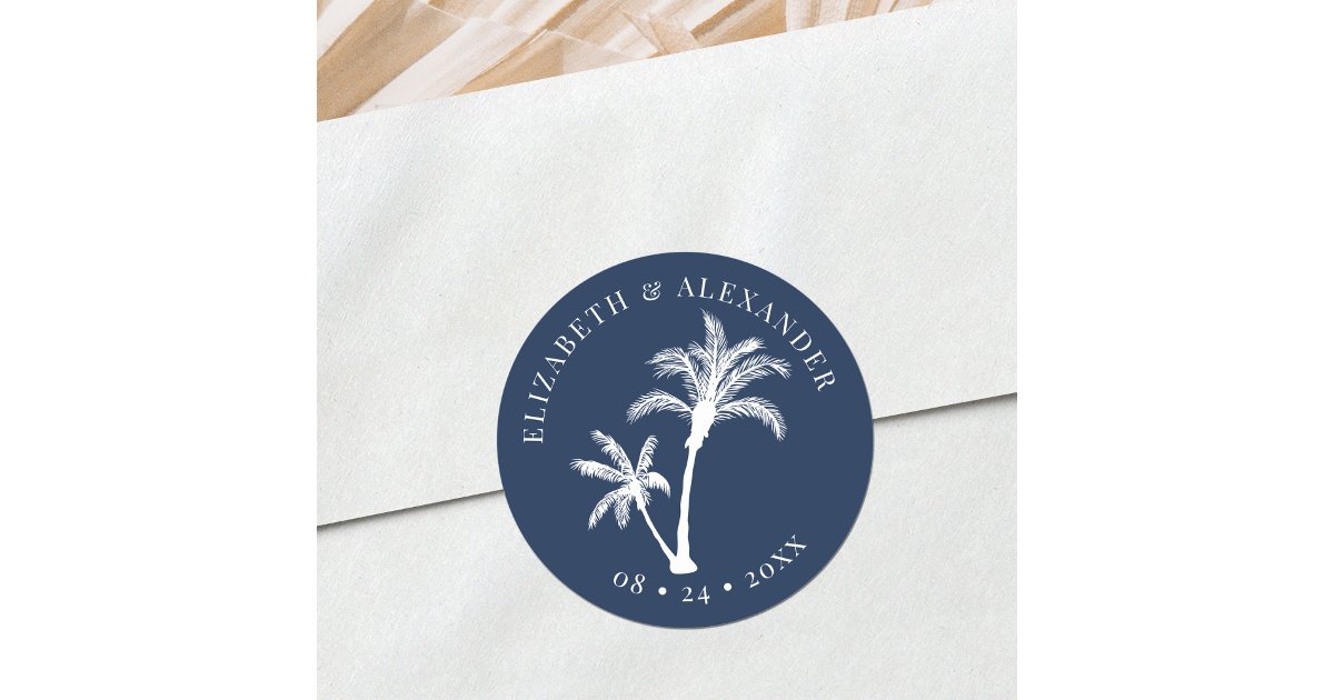 Navy Blue Palm Tree Beach Tropical Wedding Classic Round Sticker | Zazzle