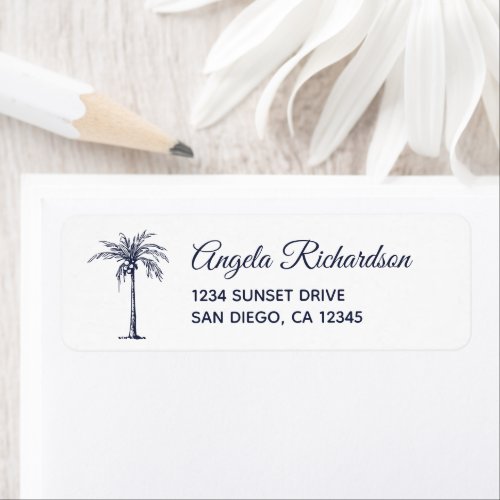 Navy Blue Palm Tree Beach Wedding Return Address Label