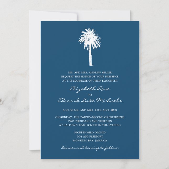 Navy Blue Palm Tree Destination Wedding Invitation (Front)