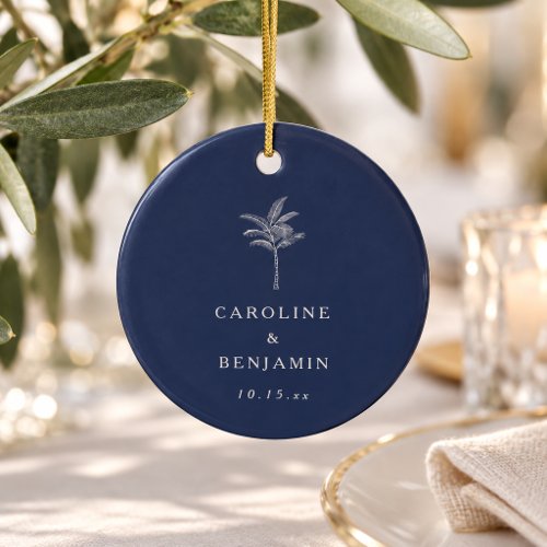 Navy Blue Palm Tree Destination Wedding Keepsake Ceramic Ornament