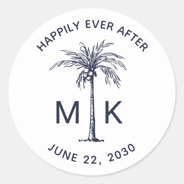 Navy Blue Palm Tree Monogram Tropical Wedding Classic Round Sticker (Front)